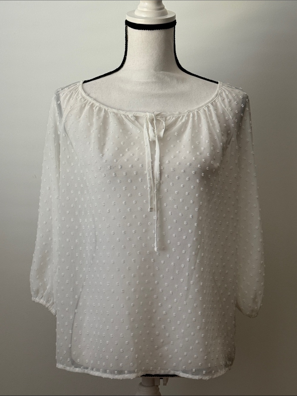 New York & Company Lightweight Sheer White Swiss Dot Peasant Blouse